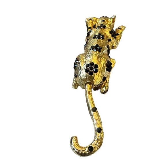 VTG Leopard Brooch Pin 5" Black Rhinestone Flowers Green Eyes Articulating READ - Picture 6 of 8